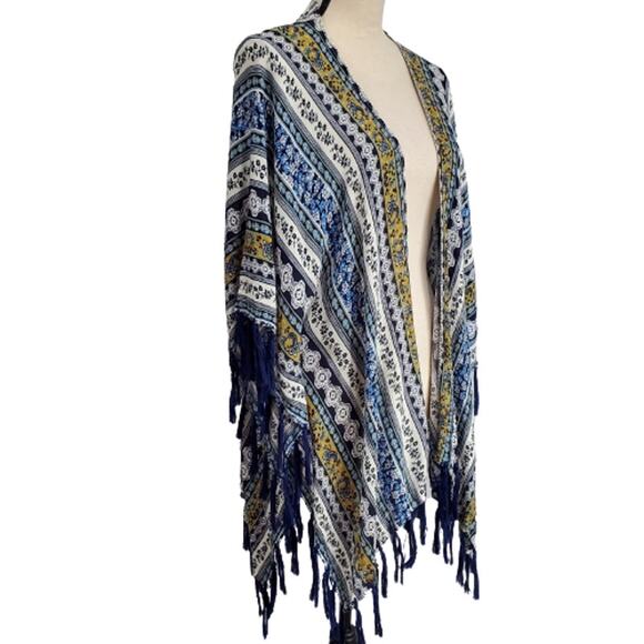 Umgee Bohemian Handkerchief Blue Floral Tassel Cardigan S/M - Picture 1 of 5